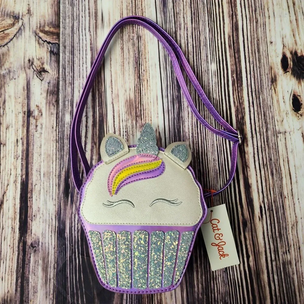 Cat & Jack Purple Unicorn colors Silver glitter Cupcake Crossbody Bag NEW NWT - Picture 2 of 7